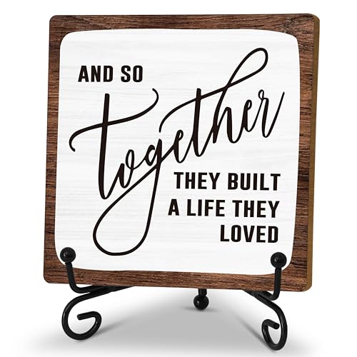 Home Desk Decor Sign, Rustic Wooden Sign With Stand, And So Together They Built A Life They Loved Sign For Farmhouse Home Living Room Bedroom Shelf Table, Coffee Lover Gifts For Family Friend