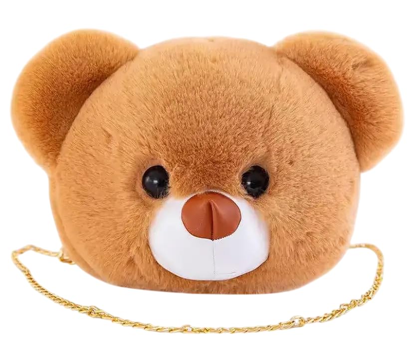 CUTE PANDA Teddy Bear Face Sling Bag Soft & Fluffy Sling Bags For Girls Kids Shaped Penguin Faux Fur Crossbody Plush Purse Chain Shoulder handbags (Pack Of 1) (BROWN)-image-14