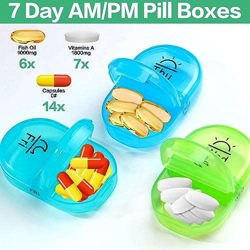 Image of Serfeymi Weekly Travel Pill Organizer 2 Times A Day AM PM Upgraded Rainbow Pill Box 7 Day with Portable Zipper PU Leather Pill Case, Medicine Organizer for Pills, Vitamins, Fish Oils - Blue 01