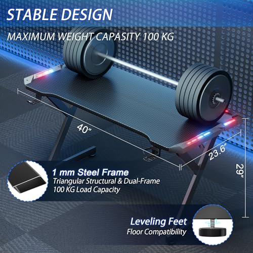 Image of HLDIRECT 40 INCH Gaming Desk with LED Lights, Home Office Gamer Desk, Ergonomic Computer Table with Large Carbon Fiber Desktop, Office Workstation, Cup Holder & Headphone Hook, Black