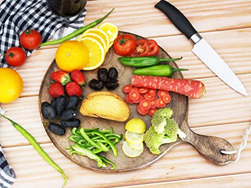 Tabla de cortar redonda de madera con mango y cuerda para colgar | Bandeja para servir pizza de 12 pulgadas | Tabla de corte rústica de madera y bandeja para fiestas (Diseño 2) miniatura 4