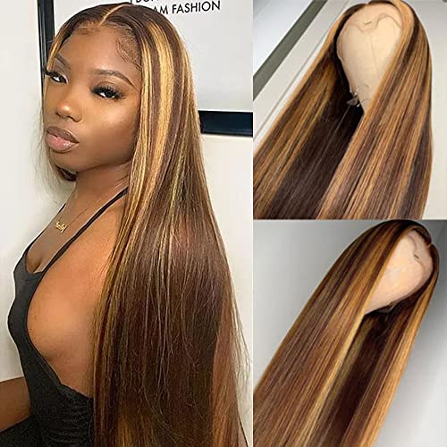 22 Inch 4/27 Highlight Wig Brazilian Straight Human Hair Wigs Ombre Brown Honey Blonde 13X6x1 Lace Front Wig 150% Density Highlight Glueless Lace Front Human Hair Wigs for Black Women.