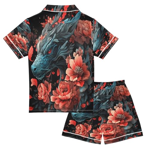 ALAZA Dragon with Flower Black Satin Pajamas Set Short Sleeve Button Down Sleepwear Summer Pjs 2 Piece2