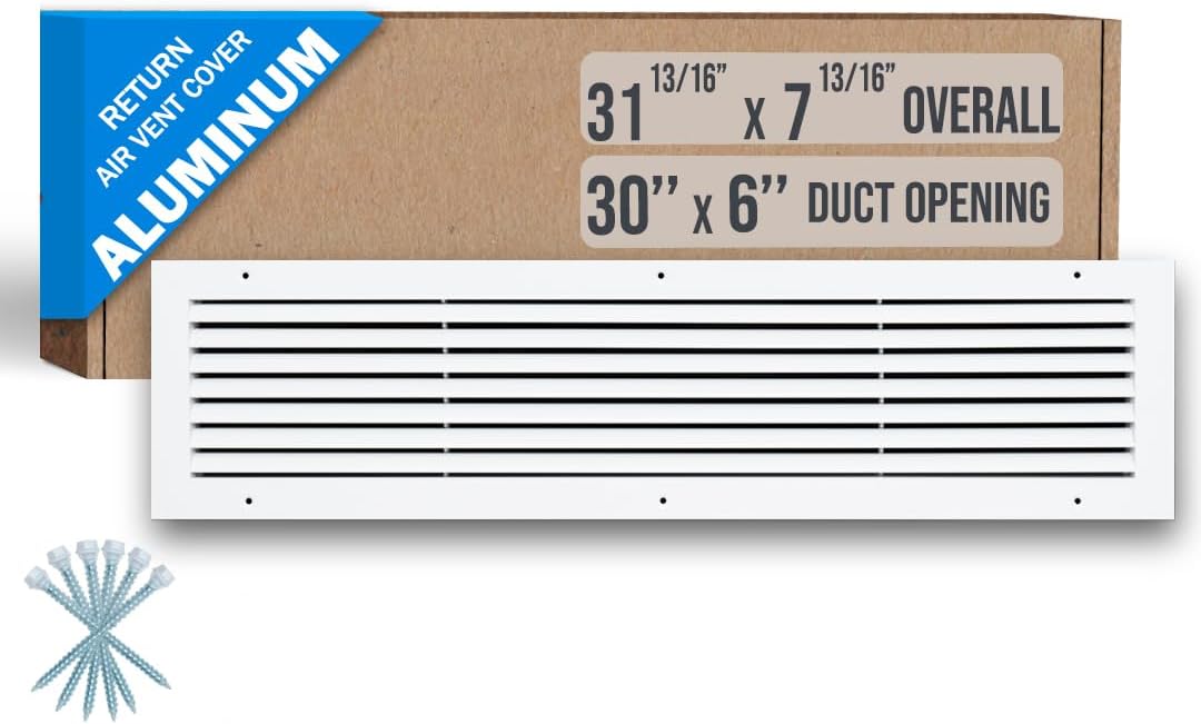 fits 30x6 duct opening | aluminum return air grille by handua | vent cover grill for sidewall and ceiling | rust free | durable powder coating | hvac cold air intake grille | white 30"w x 6"h [duct opening]