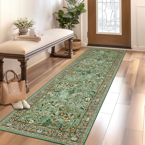 GarveeHome 2x6 Washable Runner Rug Green Floral Rug Runner for Hallway Soft Non-Slip Kitchen Runners Stain Resistant Ultra-Thin Entryway Indoor Carpet Long Rugs for Bedroom Laundry Bathroom Bedside
