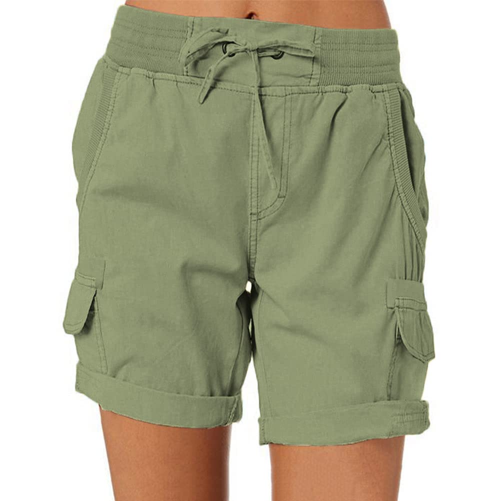 ORANDESIGNE Pantalones Cortos Cargo Mujer Color Sólido Shorts Ligero Verano Pantalón de Cintura Alta Deportivo para Senderismo Trekking con Múltiples Bolsillos