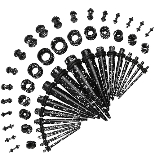 50pcs Ear Stretching Kit Gauges for Beginners: Gauging Lobe Starter Tapers, Heart Tunnel Earrings, Lightweight Acrylic Plugs, 14G-12mm Piercing Expanders for Women and Men (Black & White Splatter)