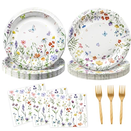 75Pcs Wildflower Plates and Napkins Party Supplies Floral Paper Plates Wildflower Mothers Day Decorations Flower Party Plates Set for Spring Birthday Bridal Shower Tea Garden Party Decor Serves 25