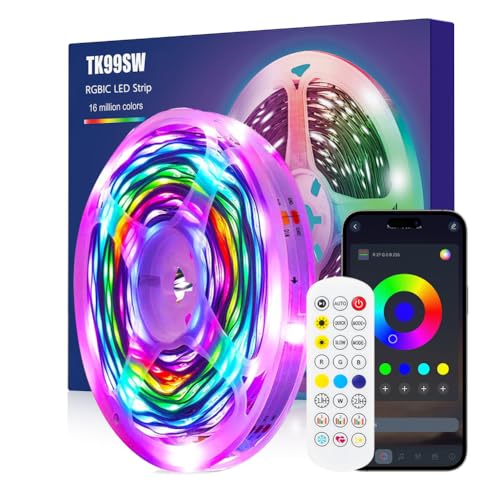 TK99SW Striscia LED 6m, RGBIC LED Strisce Dimmerabile, Sync-to-Music, con APP & Telecomando Controllo, Bluetooth Smart Autoadesiva per Sala Giochi, Camera, Cucina, Festa