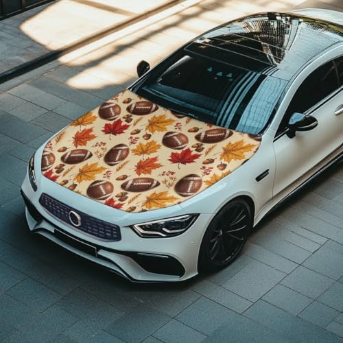 Image of Renewold Fall Footbal Car Hood Cover Protector for Most Sedan Easy Install | Maple Acorn Hood Covers for Car Wrap Blanket Women Men Automotive Exterior Accessories Decor for Football Season Holiday Game
