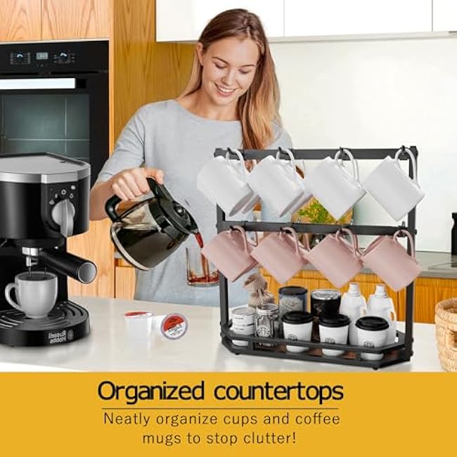 Coffee Mug Holder with Movable Hooks,16 Capacity Coffee Cup Holder for Countertop, Metal Mug Tree Holder Rack with Storage Base,Home Storage Mug Organizer adjustable Heights (Black)