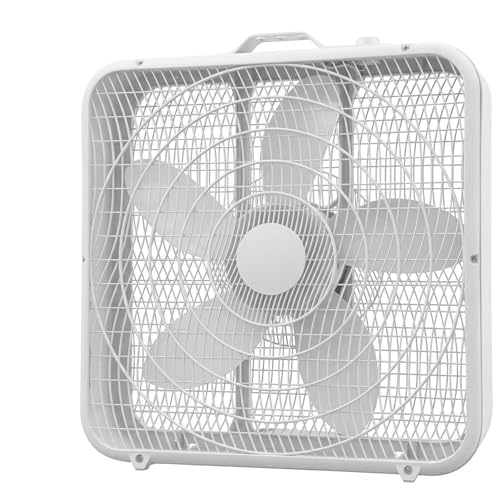 Comfort Zone Box Fan with Carry Handle, 20 inch, 3 Speed Full-Force Air Circulation Window Fan, Bedroom Floor Fan with 5 Blades, White Noise Cooling Fan, White