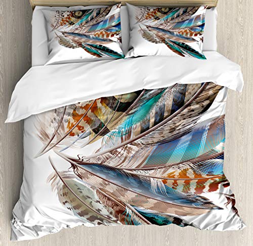 Ambesonne Feathers Duvet Cover Set, Vaned Types and Natal Contour Flight Bird Feathers and Animal Skin Element Print, Decorative 3 Piece Bedding Set with 2 Pillow Shams, California King, Teal Brown