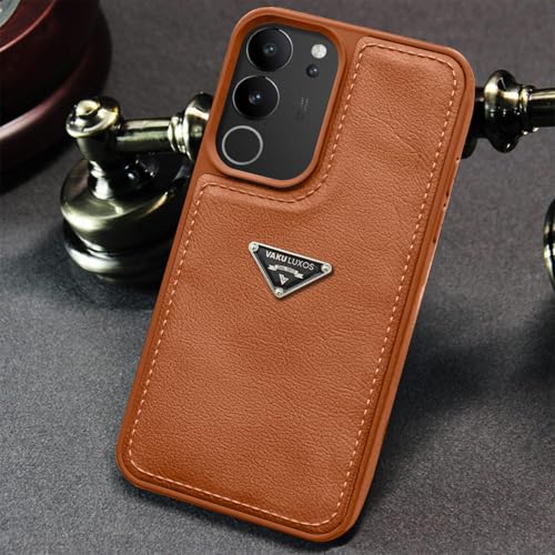 Image of Vaku Luxos Nyxen Back Cover Case for Vivo V29 5G Premium Leather Stitched Soft Shockproof Protective TPU Phone Case Camera Screen Protector- Brown