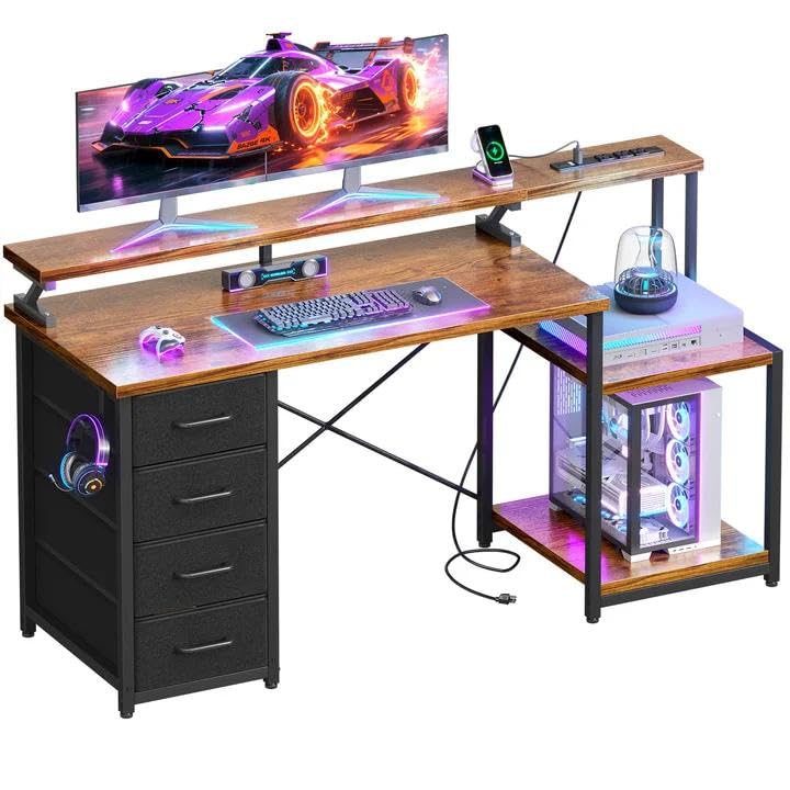 Image of ODK 55 Inch Computer Desk with 4 Drawers, Office Desk with Power Outlets, Printer Shelf & Storage Shelves, Large Writing Study Table for Home, Bedroom, Study or Gaming Setup, Vintage