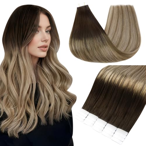 Full Shine Tape in Hair Extensions 22 Inch Color 2 Dark Rooted Ombre to 6 Brown Highlight 18 Blonde Seamless Skin Weft Remy Tape Ins Human Hair Extensions 50g Natural Straight for Women 20PCS