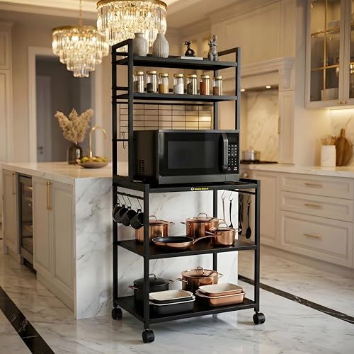 Image of Heavy Duty Metal Microwave Oven Stand with Storage Shelves & Hooks | Multi-Tier Kitchen Rack with Wheels | Organizer for Oven & Appliances (MS 5 Black)