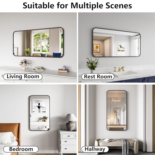Koonmi Bathroom Mirror, 24X48 Brushed Black Metal Framed Wall-Mounted Mirror for Over Sink, HD Tempered Glass, Anti-Rust, Rounded Rectangle Mirror for Restroom, Bedroom, Hangs Horizontal or Vertical - Image 6