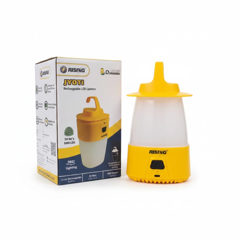 rising jyoti rechargeable led lantern | 2000mah li-ion battery | 360 degree light | adjustable cap with hanging option