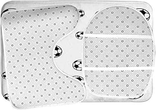 3-teiliges Badezimmerteppich-Set, Fußbälle in verschiedenen Größen mit weißem Hintergrund, waschbare Badteppiche, rutschfest, mit Stützpolster, Konturteppich und Toilettendeckelbezug – Bild 6