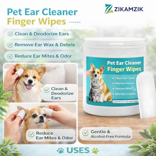 Image of Pet Ear Cleaner Finger Wipes for Dogs & Cats | Alcohol-Free Pet Ear Cleaning Wipes | 50 Pcs Disposable Finger Pads for Ear Wax Removal, Itch Relief, Odor Control & Hygiene Grooming Care