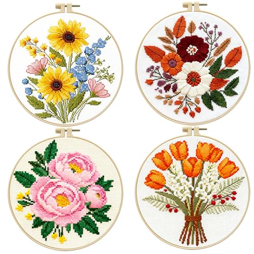Image of Zhenqing 4-Piece Floral Cross Stitch Kit for Beginners - Complete Set with Pre-Printed 11CT 24x24cm Fabric, Hoop, Threads & Tools (Sunflower, Peony, Tulip Designs)(70362)