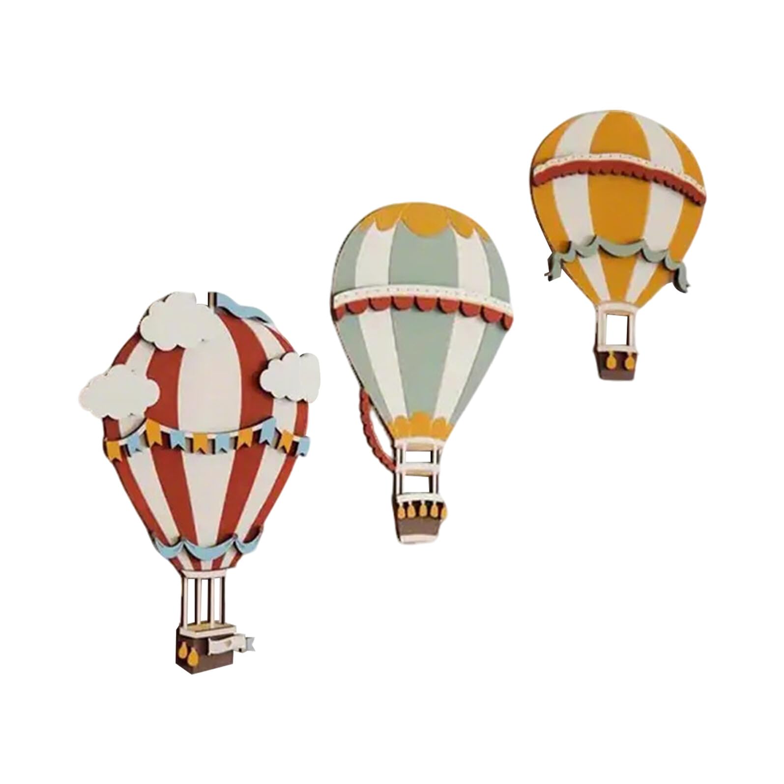 HOOTNEE 3pcs Hot Air Balloon Wall Art Wooden Nursery Decor with Assorted Colours, Boho Style Wall Embellishment for Bedrooms and Family Living Areas