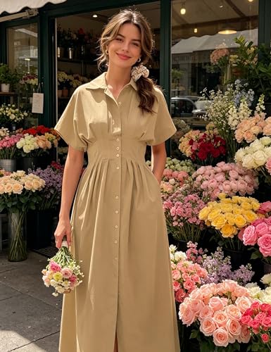 Image of Yeokou Shirt Dress for Women Summer Casual Short Sleeve Button Down Loose Pleated Maxi Sundress with Pockets
