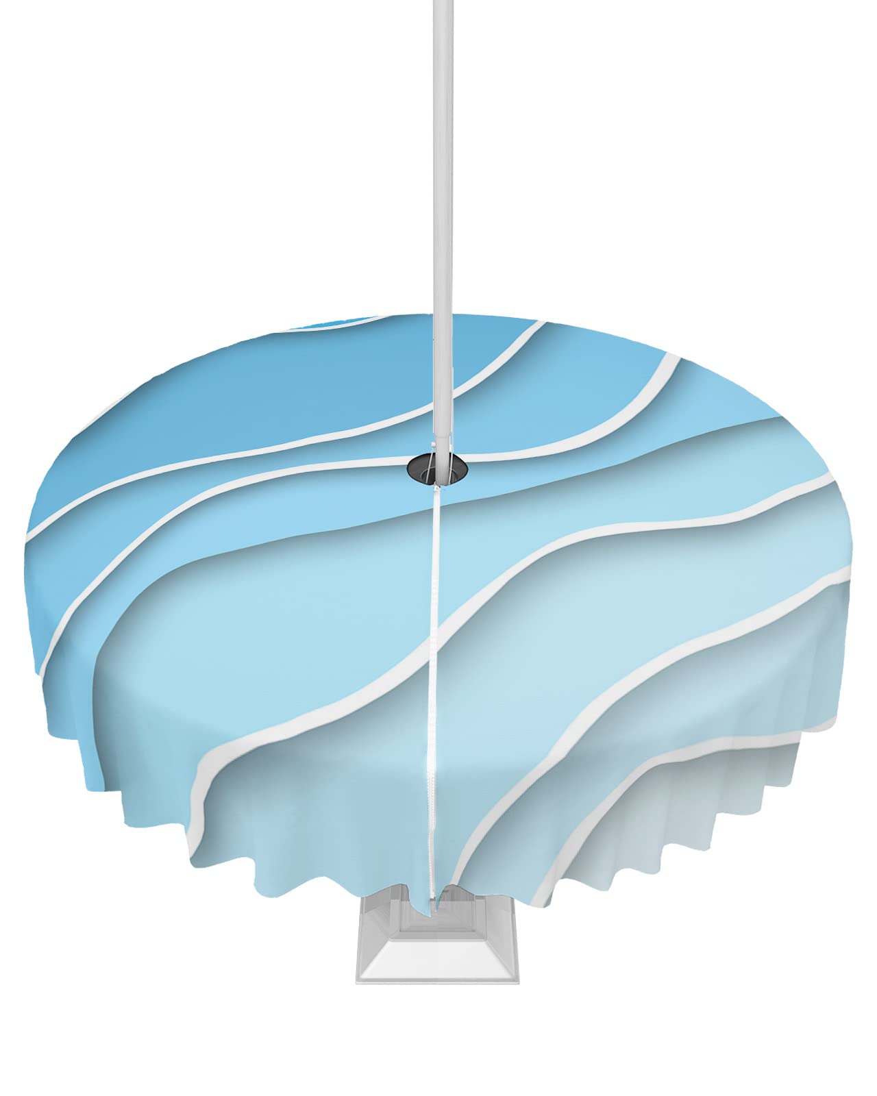 Blue Aqua Ombre Outdoor Tablecloths with Umbrella Hole and Zipper, Modern Geometric Abstract Aesthetic Cream Waterproof/Stain Resistant Round Table Cloth 54'' Patio Table Cover for Picnic/Party