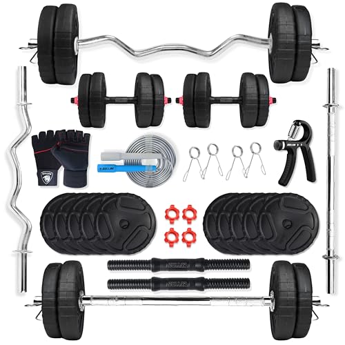 Image of BULLAR 2.0 Home Gym Set, Home Gym Equipments for Men, Home Gym Kit with 8 to 30Kg Weight Plates,3ft curl & Straight Rod, 1 Pair of Dumbbell rods & Accesories (10 Kg Home Gym Combo & Accessories)