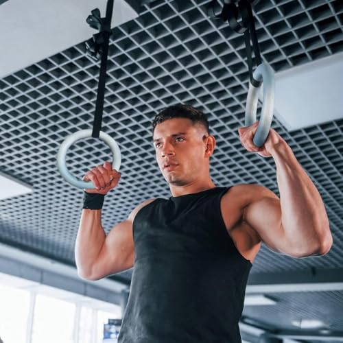 Image of Gymnastic ABS Rings with Heavy Duty Adjustable Strap Capacity with 14.5ft Adjustable Buckle Straps for Cross Fitness Functional Training for Home Gym Full Body Workout (Grey)