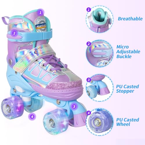 Image of Kids Roller Skates for Girls, Blue Adjustable Rollerskates with Light Up Wheels for Toddler Little Kid Ages 6-12 4 5 6 7, Beginners Outdoor Sports, Best Birthday Gift for Kids