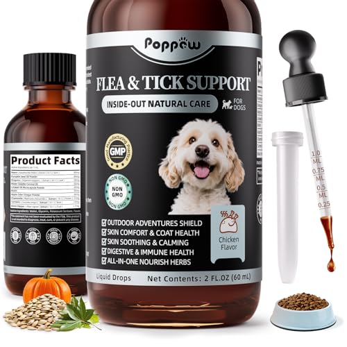 POPPAW Flea and Tick Prevention Support for Dogs, Natural Flea Treatment Drops with Neem, Oregano for Puppy Oral Flea and Tick Treatment Supplement for All Breeds and Ages - Chicken Flavor, 2 FL.Oz