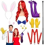 10 Pcs Halloween Rabbit Couple Costume Accessory Set Include Red Wig Bunny Ears Headband Gloves Plastic Holder Satin Bowties Y Back Suspenders Buttons and Earrings for Adults Cosplay Party