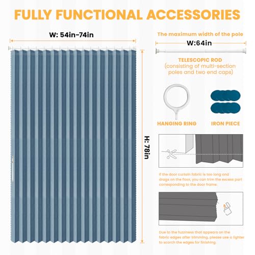 Image of Blackout Accordion Door with Curtain Rods Adjustable 28-63 inch Long Closet Door Curtain Privacy Sound Proof Curtains Suitable for Bedroom Living Room Doorway Curtain Sets (1 Pack, 72 W x 78 L, Blue)