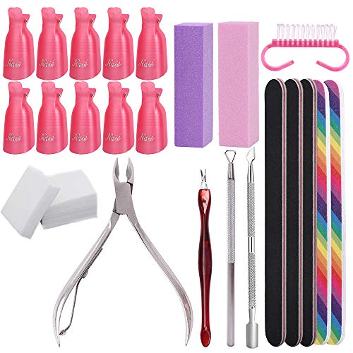 Nail Polish Remover Clips Tool Kit 10pcs Nail Clips Caps with Cotton Pads Nail Files Buffer Block Grits Cuticle Pusher Trimmer Cuticle Cutter Clipers Nail Brush Acrylic Art Polish Removal Accessory