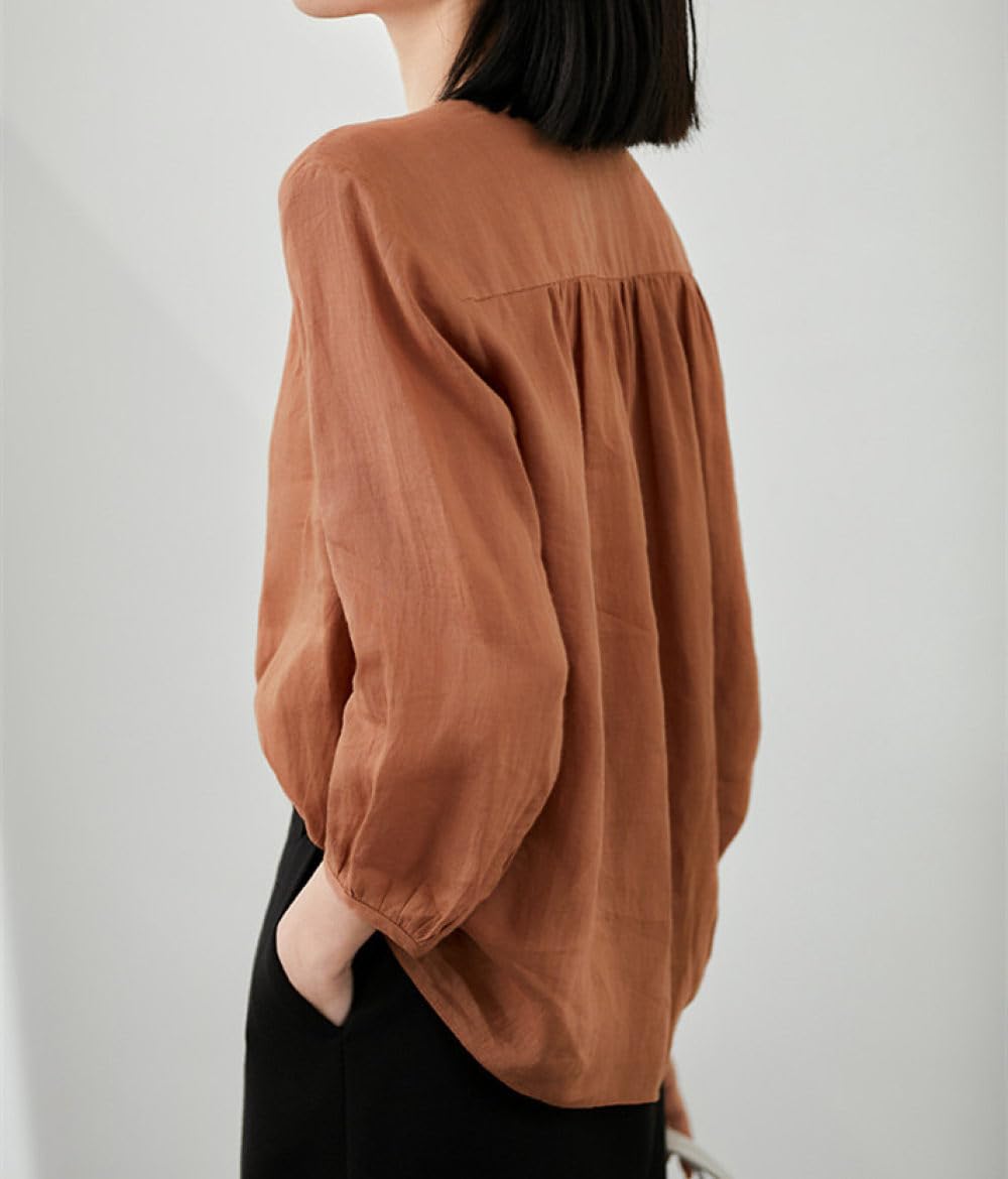 BROLEO Damen Oberteile,Damen-Leinenbluse, Plissiert, Sommer, Ballon-Langarmshirt, V-Ausschnitt, Tops, Elegante Bluse, T-Shirt-Jacke, Lockere Bluse, Tunika, Sweatshirt-Tops Für Damen