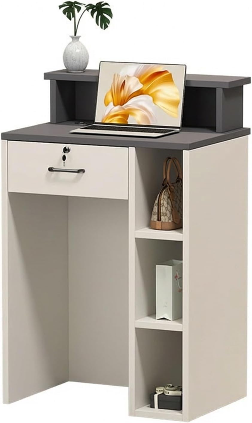 Reception Desk,Checkout Counter,Small Front Checkout Desk with Drawers and A Storage Cabinet for Lobby,Salon,Home Office Desk(White+Gray,60x42x95cm)