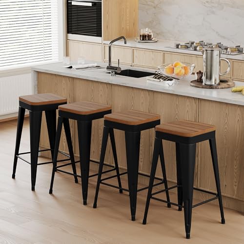 POINTANT Bar Stools Set of 4 Metal Bar Stool Counter Height Bar Stools Black, Modern 26 Bar Chairs Without Back,Wooden Seat Bar Stool Counter Height