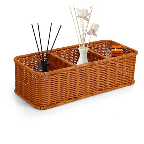 YKUKIZEE Wicker Storage Basket with 3 Compartments, 35x15x10 cm Plastic Rattan Storage Baskets, Rectangular Woven Storage Basket For Bathroom Toilet Tank Bedroom Organization