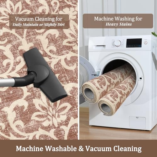 Morebes Vintage Kitchen Runner Rugs Non Skid Washable,Long Hallway Runner Rug 8 Ft,Non-Slip Bath Mat Distressed Floral Indoor Floor Carpet Runner For Entryway Laundry Foyer,Pinkish-Rust thumb #3