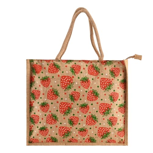 Image of Kuber Industries 2 Pcs Jute Shopping Bag for Women with Handle | Reusable Carry /Shopping Bag for Grocery, fruits & Vegetable | Strawberry Print - Brown