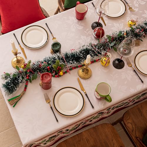 Softalker Christmas Jacquard Rectangle Tablecloth, Winter Vintage Holly Waterproof Table Cloth, Xmas Farmhouse Fabric Table Cover for Holiday, Dining, Party Decor, DHHolly 60 x 84 Inch – Image 4