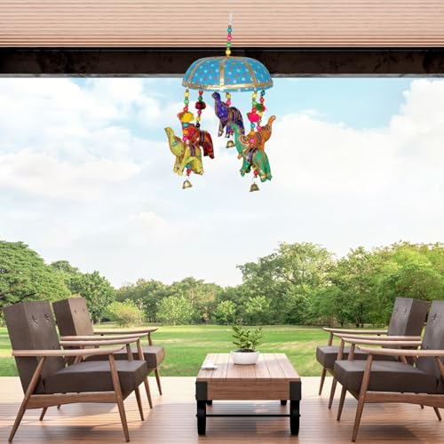 Image of Rajasthani Multicolor Elephants Jhoomer with Bell - Decorative Wind Chimes for Door & Wall Hanging, Ideal Home Decor & Gift Showpiece (Sky Blue)