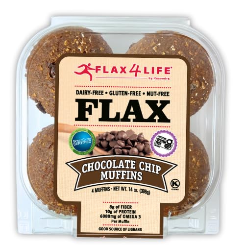 Flax4Life Chocolate Chip Muffins - Gluten-Free, Dairy-Free, Nut-Free, Soy-Free, Kosher - Made with Flaxseed for Fiber, Omega-3, and Protein - 4 ct Muffins Per Pack (Pack of 6)