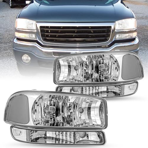 SOCKIR 4PCS Headlight Assembly Fit For 99-06 GMC Sierra 1500 2500 3500/00-06 GMC Yukon Headlight Assembly + Park/Signal Headlamp LH+RH (Chrome Housing with Clear Reflector)
