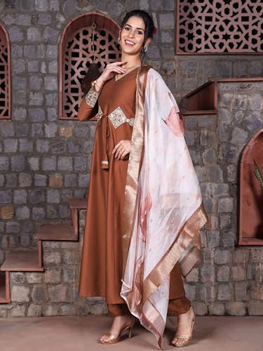 Image of EthnicJunction Women's Cotton Silk Embroidered Anarkali Kurta Palazzo with Digital Print Dupatta Set