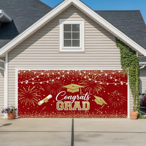 Red Gold Graduation Cap Garage Door Banner Decorations, Graduates Celebration