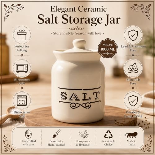 Image of D'Maiolica Ceramic Pickle Kitchen Jars in 1000ml | HandCrafted 1 kg Achaar Martban Barni | Ceramic Storage Containers | Jars for Achar, Spices, Salt (set of 2) (Classic Salt Snow)