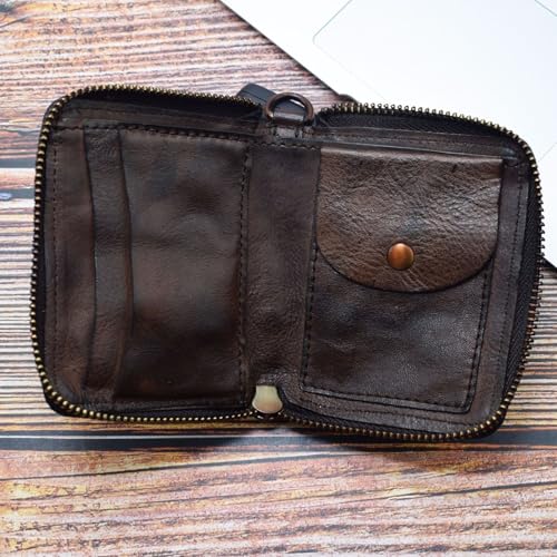 Retro Short Zipper Wallet Multifunctional Vegetable Tanned Leather Wallet Vertical Wallet(Red)4